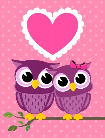 cute owls couple with love heart, in vector format very easy to edit, individual objectsのイラスト素材