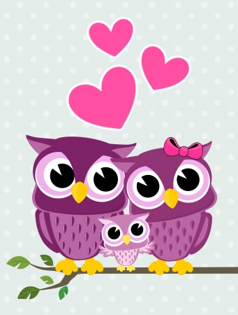 cute owls couple with baby owl sitting on a branch