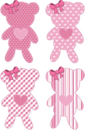 set of four cute teddy bear applique in pink for baby girls, in vector format very easy to edit, individual objectsのイラスト素材