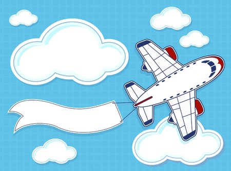 illustration of funny airplane with blank banner on blue background and cloudsのイラスト素材
