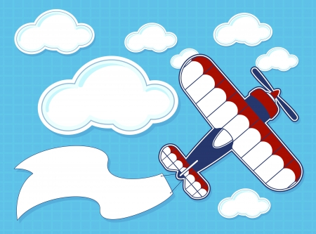 funny airplane cartoon with blank banner on blue background and cloudsのイラスト素材