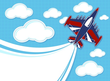 funny jet cartoon with blank banner on blue background and cloudsのイラスト素材