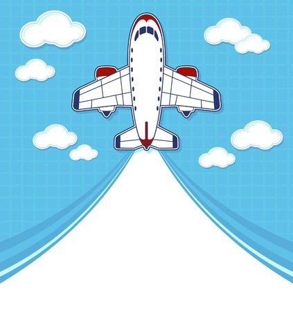 funny commercial airplane cartoon with blank contrail for copy space on blue background and cloudsのイラスト素材