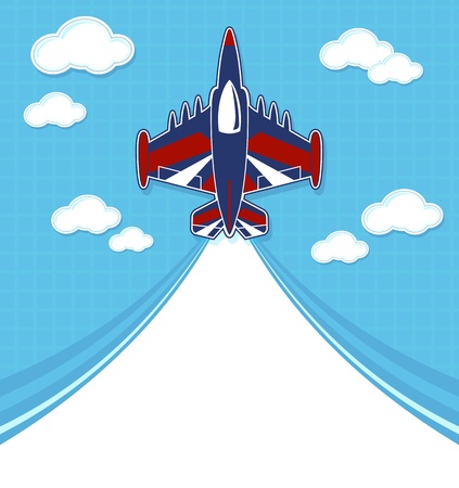 funny acrobatic jet  cartoon with blank contrail for copy space on blue background and cloudsのイラスト素材