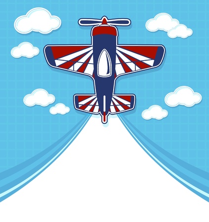 funny airplane cartoon with blank contrail for copy space on blue background and cloudsのイラスト素材