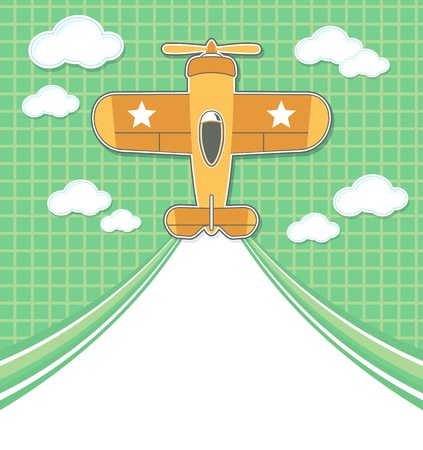 funny airplane toy cartoon with blank contrail for copy space on green background and cloudsのイラスト素材