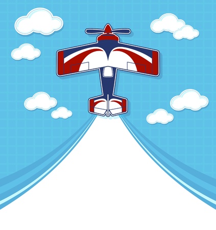 funny acrobatic biplane cartoon with blank contrail for copy space on blue background and cloudsのイラスト素材