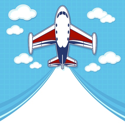 funny private airplane cartoon with blank contrail for copy space on blue background and cloudsのイラスト素材