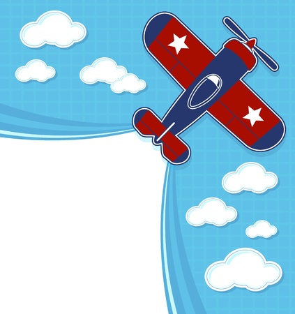 funny airplane cartoon with blank contrail for copy space on blue background and cloudsのイラスト素材