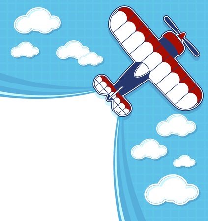 funny biplane cartoon with blank contrail for copy space on blue background and cloudsのイラスト素材