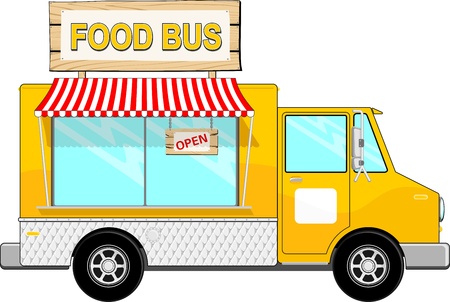 illustration of food bus with awning and sign board isolated on white background, copy space for your logo, text or messageのイラスト素材