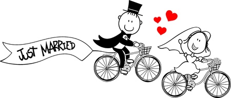 bride and groom on bicycles isolated on white backgroundのイラスト素材