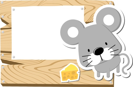illustration of cute mousy with wooden blank board isolated on white backgroundの写真素材