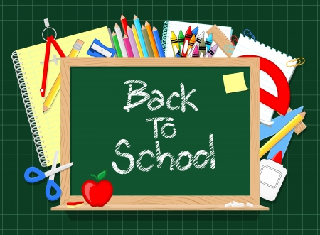 blackboard and school education supplies items background, in vector format very easy to edit, individual objects, only solid colors, no gradientsのイラスト素材