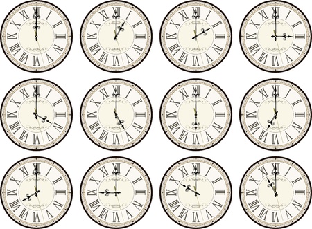 vintage clocks isolated on white background each showing a different time の写真素材