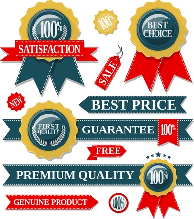 quality labels and seal ribbons collection isolated on white background, in vector format very easy to edit, individual objects, solid colors, no gradientsのイラスト素材