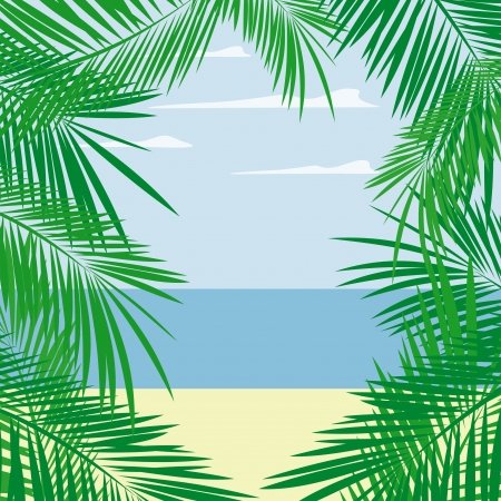 palm tree leaves framing beach and sea landscape, vector format very easy to edit, individual objectsのイラスト素材