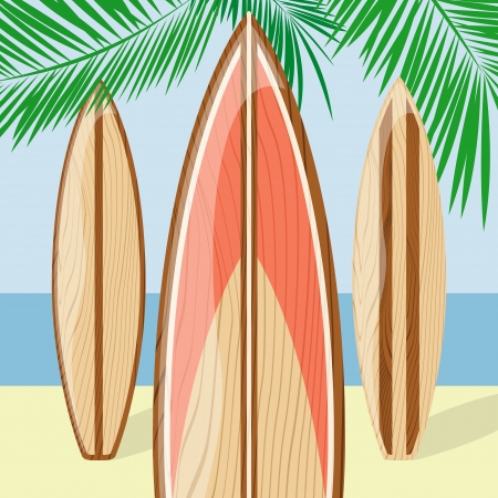 surfboards on a beach background, vector format very easy to edit, individual objects, no gradients, only solid colorsのイラスト素材