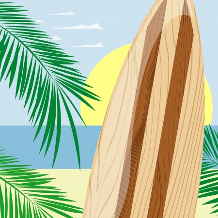 wooden surfboard on beach background, vector format very easy to edit, no gradients, only solid colorsのイラスト素材