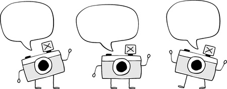 cute funny camera with legs and arms hand drawn isolated on white background, blank text balloonのイラスト素材
