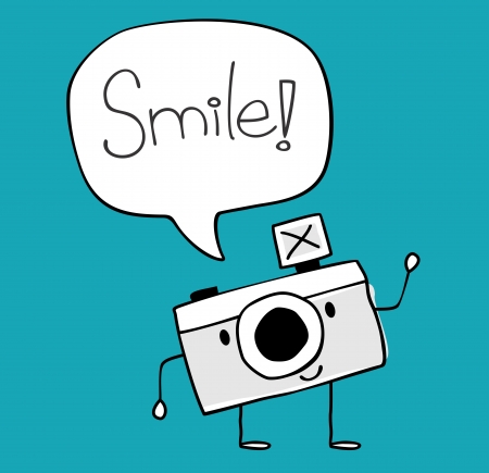 happy funny camera with smile text balloon, legs and arms hand drawn on solid color background easy to isolateのイラスト素材