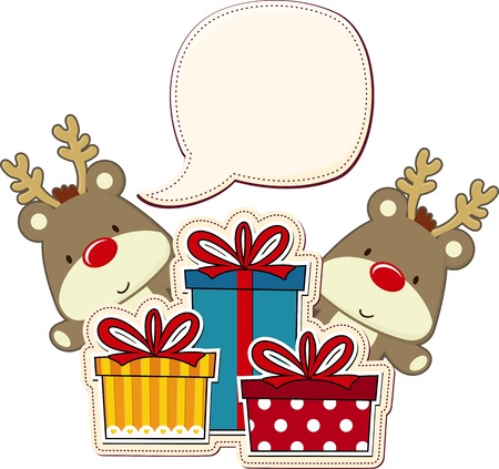 two baby reindeer and gift boxes with blank text balloon isolated on whiteのイラスト素材