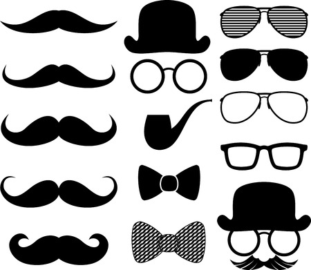 set of black moustaches silhouettes and design elements isolated on white backgroundのイラスト素材