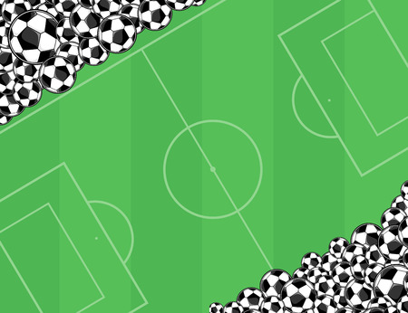soccer balls border on green playing field backgroundのイラスト素材