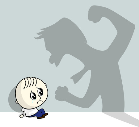 illustration of child abuse with little child sitting on the ground and aggressive shadow on the wallのイラスト素材