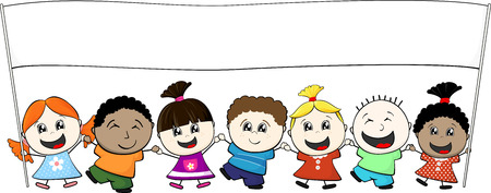 multiethnic little kids holding banner isolated on white backgroundのイラスト素材