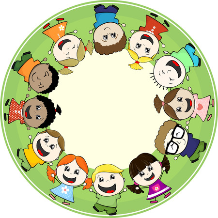 multiethnic little childs together in circle frame with copy spaceのイラスト素材