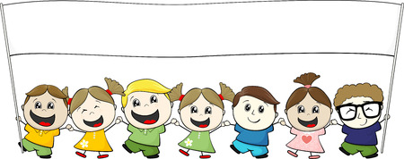 little children with blank banner isolated on white backgroundのイラスト素材