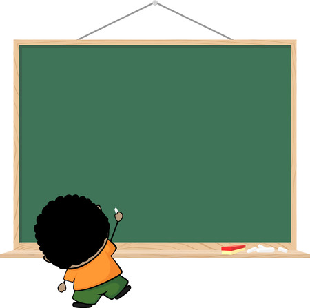 little brown kid writing on blank blackboard isolated on white backgroundのイラスト素材