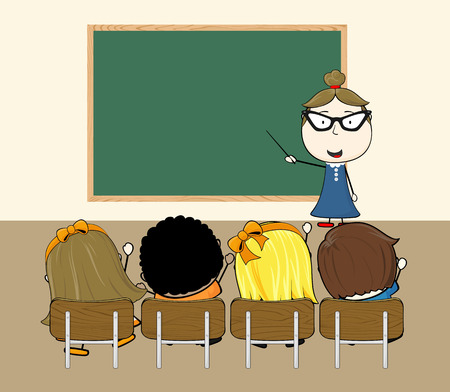 teacher in classroom with little childs and blank chalkboard for copy spaceのイラスト素材