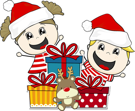 children and gift boxes with blank text balloon isolated on whiteのイラスト素材