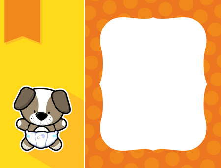 cute little baby dog with diaper, black and white outline like a sticker and blank space for your birth announcement text, picture or invitation with decorative frameのイラスト素材