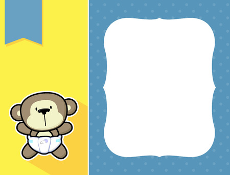 cute little baby monkey with diaper and black and white outline like a sticker and blank space for your birth announcement text, picture or invitation with decorative frameのイラスト素材