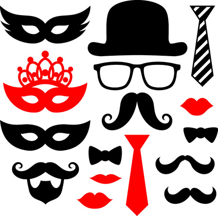 set of black mustaches,lips and silhouettes design elements for party props isolated on white backgroundのイラスト素材