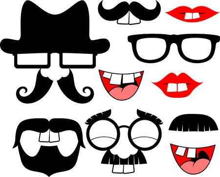 set of black mustaches and lips with big front teeth for funny party props isolated on white backgroundのイラスト素材