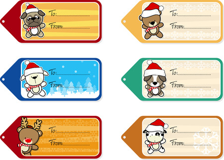 six christmas gift tags with cute baby animals isolated on white backgroundのイラスト素材