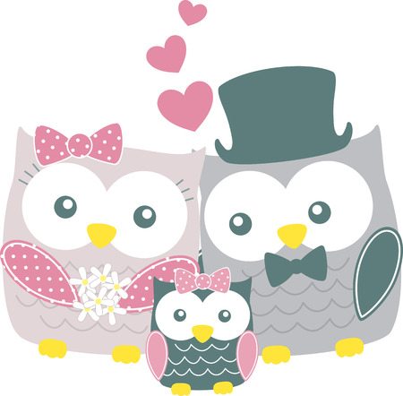 cute owls couple with daughter islated on whit backgrondのイラスト素材