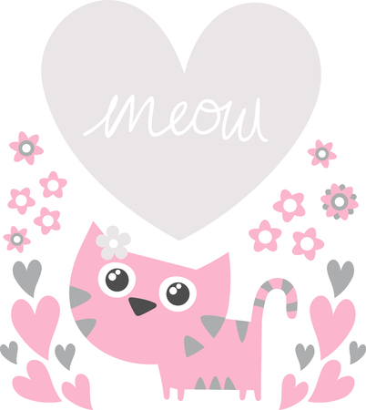 cute kitten with flowers and heart for copy space isolated on white backgroundのイラスト素材