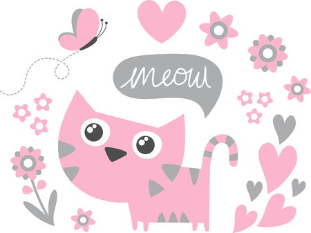 little cat and butterfly with balloon text and flowers isolated on white backgroundのイラスト素材