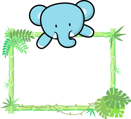cute baby elephant on blank board with bamboo frame isolated on white backgroundのイラスト素材