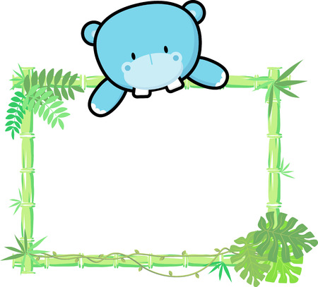 cute baby hippo on blank board with bamboo frame isolated on white backgroundのイラスト素材