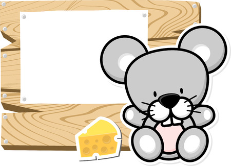 illustration of cute baby mouse on wooden board with blank sign isolated on white backgroundのイラスト素材