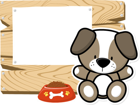 illustration of cute baby dog on wooden board with blank sign isolated on white backgroundのイラスト素材
