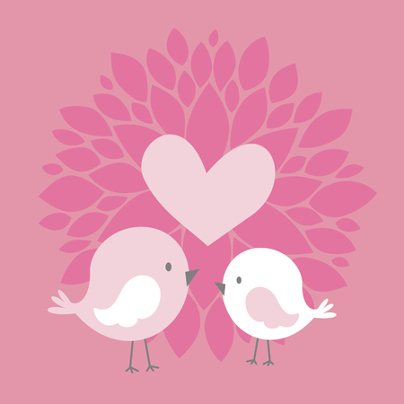 cute couple birds with heart and abstract dahlia flower on pink backgroundのイラスト素材