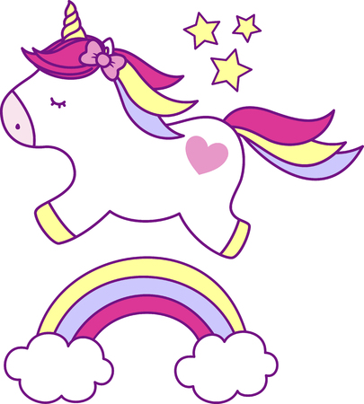cute unicorn with rainbow and stars isolated on white backgroundのイラスト素材