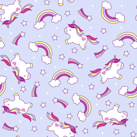 seamless pattern illustration of cute unicorns with rainbow and starsのイラスト素材